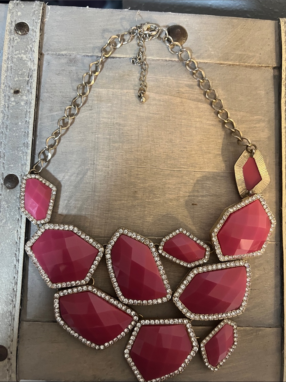 Pink Faceted Statement Bib Necklace with Rhinestone Trim
